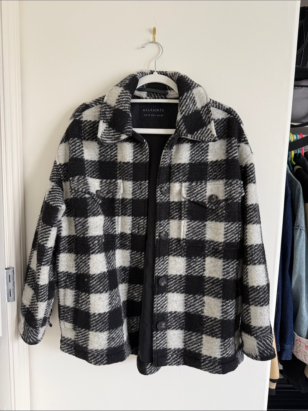 AllSaints Black & White Checked Wool Shirt Jacket